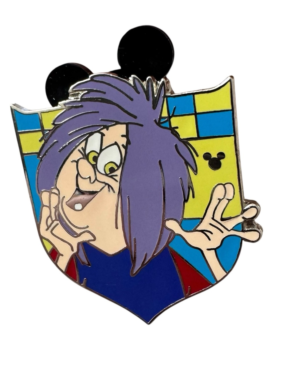 Disney Enamel Villain Pin with Purple Hair and Yellow-Blue Shield